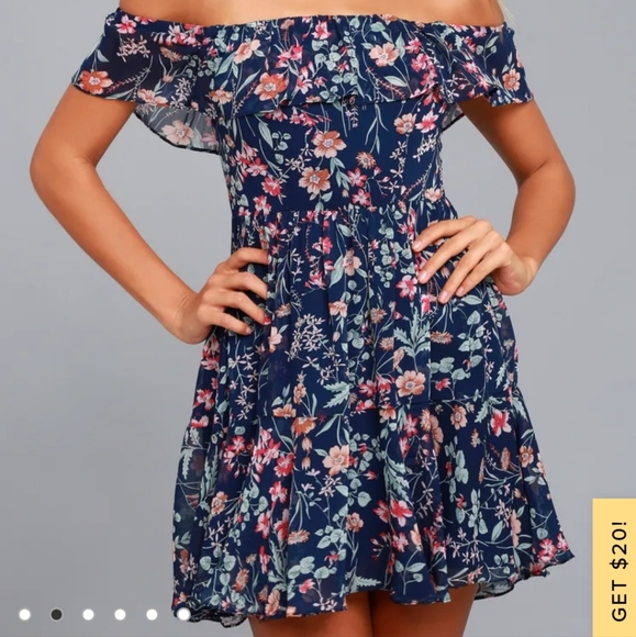 Lulu's My Favorite Navy Blue Floral Print Off--the-Shoulder Dress - Picture 2 of 8